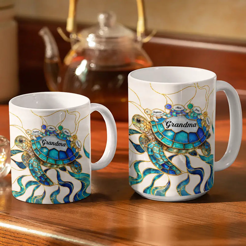 Gift For Grandma,Grandma - Grandkids,Gift For Mother,Beach,Happy - Turtle Stained Glass Mom Grandma - Personalised White Edge-to-Edge Mug