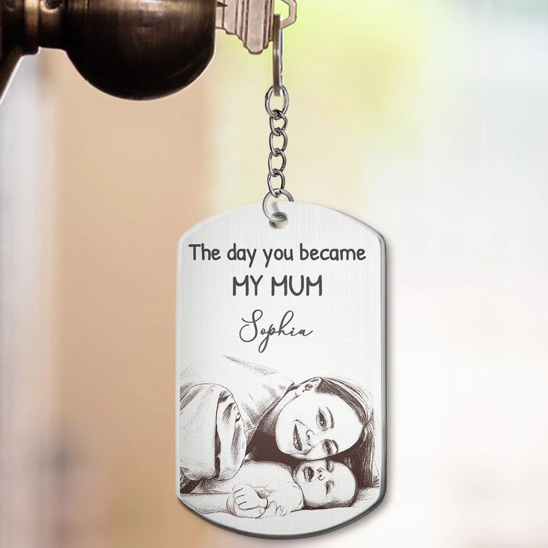Custom Photo,New Dad,New Mom,New baby,Gift For Father,Gift For Mother,Non-Eng,Photo - Pencil Sketch,Calendar,Adorable - Custom Photo Pencil Sketch Calendar The Day You Became My Mom Dad - Personalized Aluminum Keychain