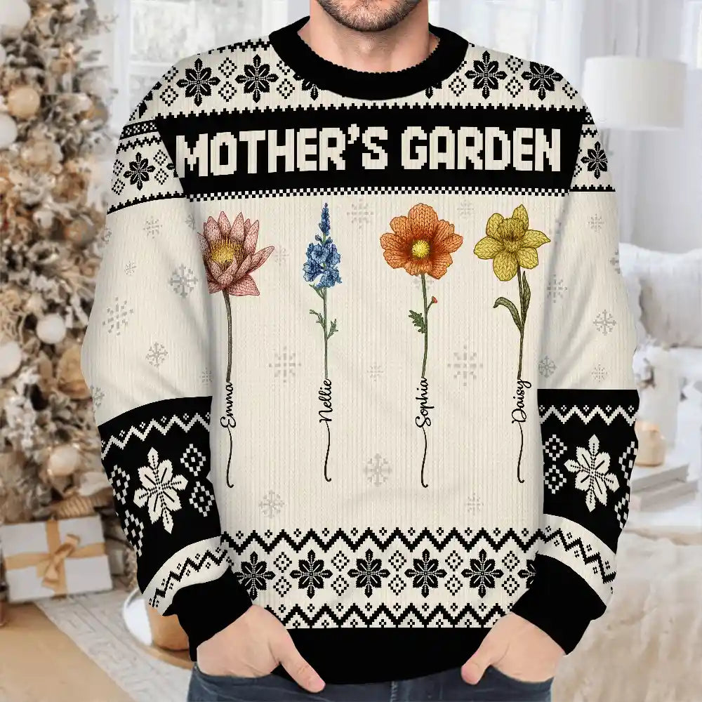 Gift For Grandma,Gift For Aunt,Gift For Mother,Happy,Gift For Wife,Gift For Yourself,Gift For Women - Knitted Effect Birth Flower Grandma's Garden - Personalized Unisex Ugly Sweater