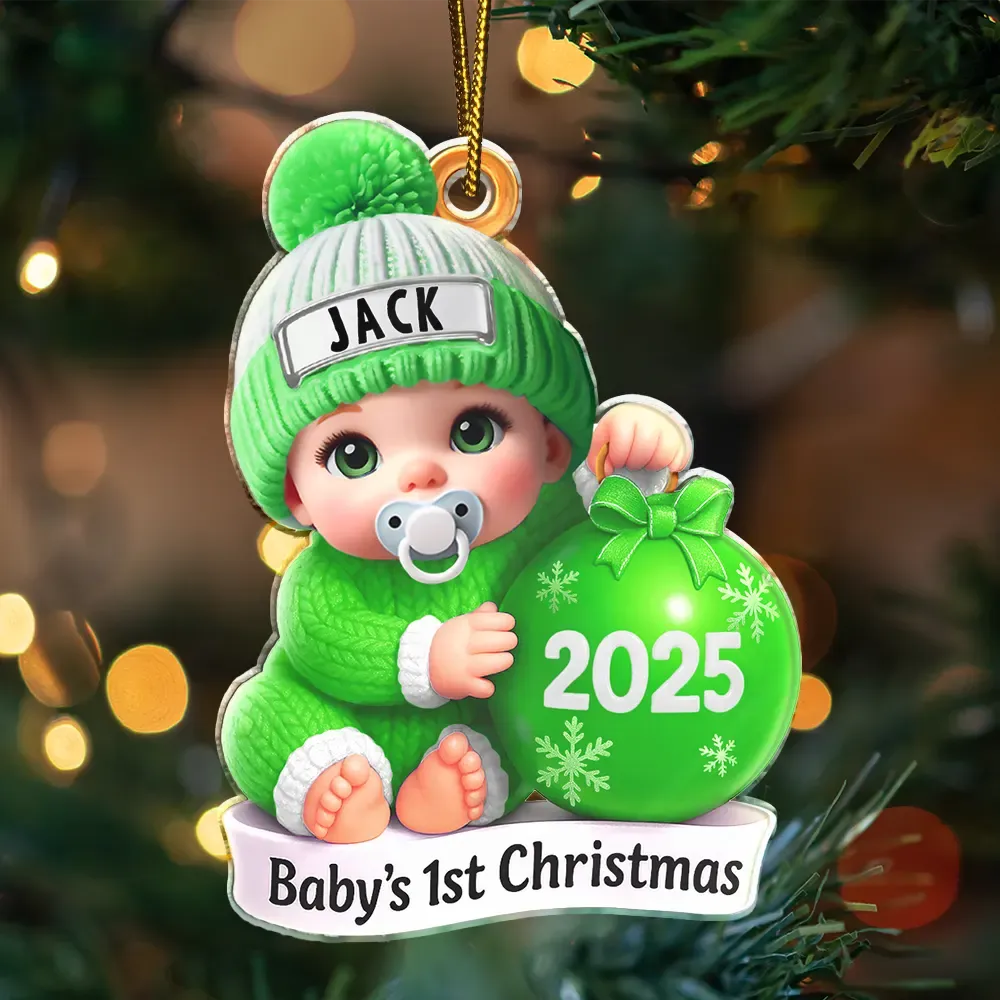 Christmas,New Dad,New baby,New Mom,Happy - Baby Beside Christmas Bauble First Christmas 3D Effect - Personalized Custom Shaped Acrylic Ornament 