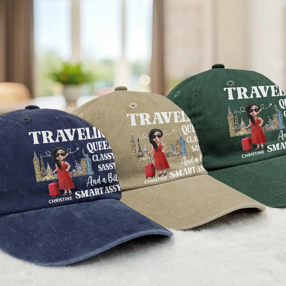 Travel,Gift For Yourself,Funny - Traveling Queen Classy Sassy - Personalized Vintage Washed Denim Cap