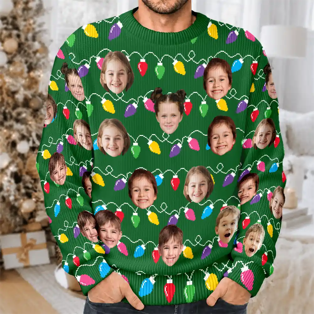 Family - Custom Photo Funny Kid Face Christmas Light - Personalized Unisex Ugly Sweater