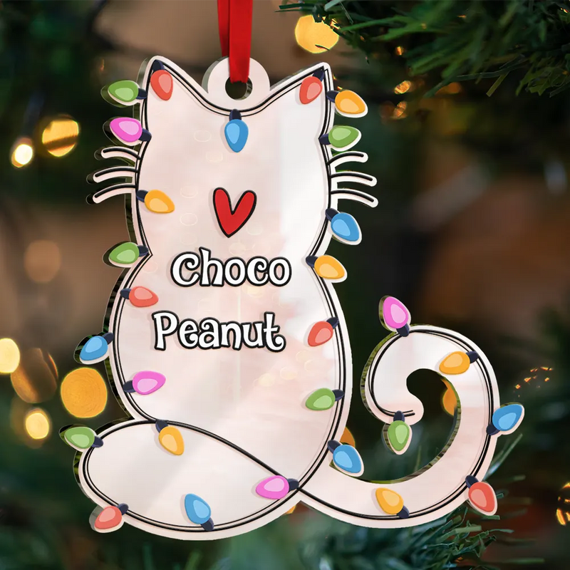 Cat Lovers, Cat Mom, Cat Dad, Happy, Christmas - Cat Shape Christmas Light Custom Name - Personalized Custom Shaped Mirror Ornament