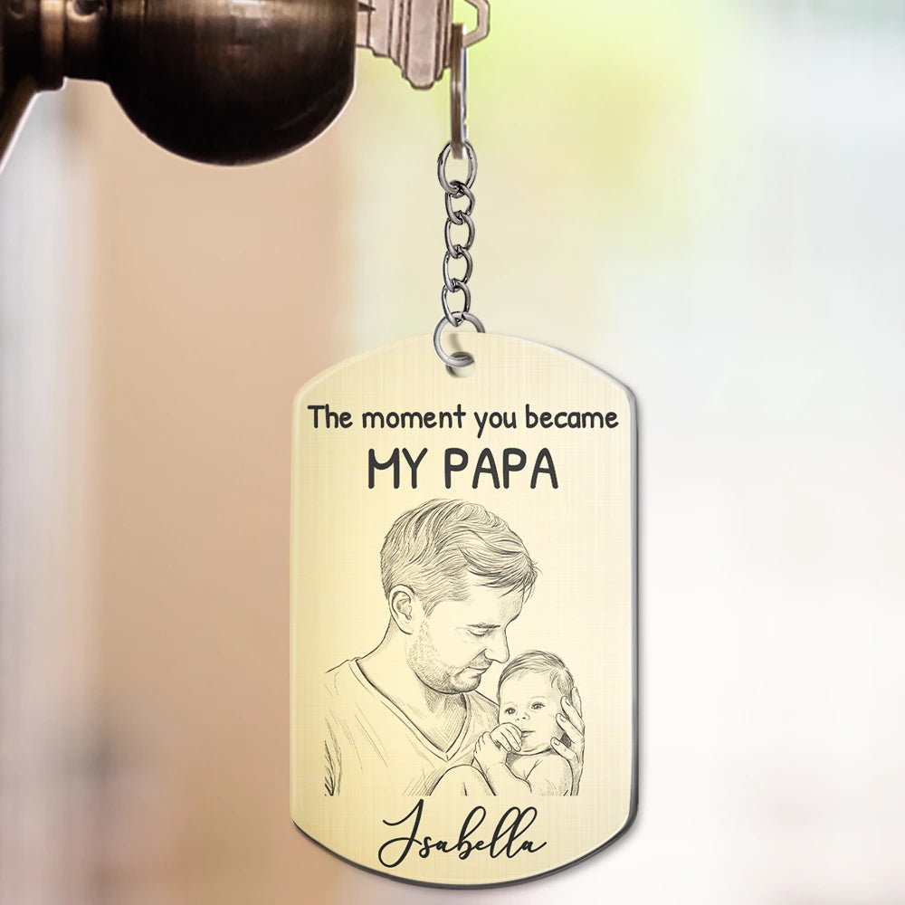Gift For Son,Mom - Sons,Dad - Sons,Happy - Custom Photo Pencil Sketch The Moment You Became My Dad - Personalized Aluminum Keychain
