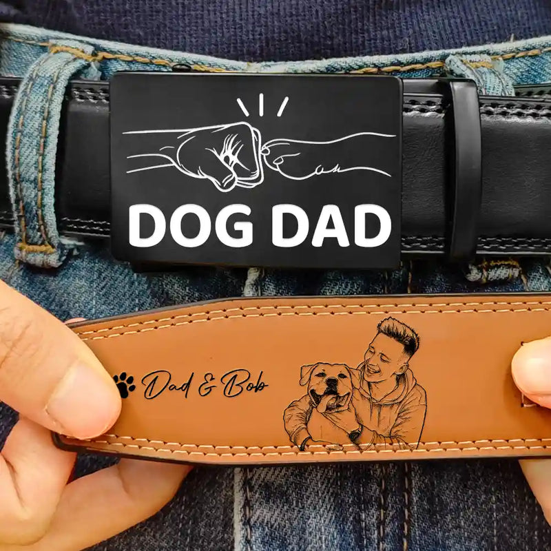 Pet Lovers,Pet Mom,Pet Dad,Dog Lovers,Dog Mom,Dog Dad,Cat Lovers,Cat Mom,Cat Dad,Non-Eng,Photo - Pencil Sketch,Adorable - Custom Photo Pencil Sketch Dog Dad Cat Dad - Personalized Leather Belt With Engraved Buckle
