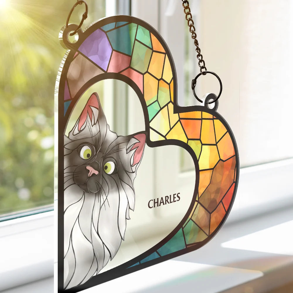 Cat Lovers,Cat Mom,Happy - Funny Cat Heart Shape Stained Glass Effect - Personalized Window Hanging Suncatcher Ornament