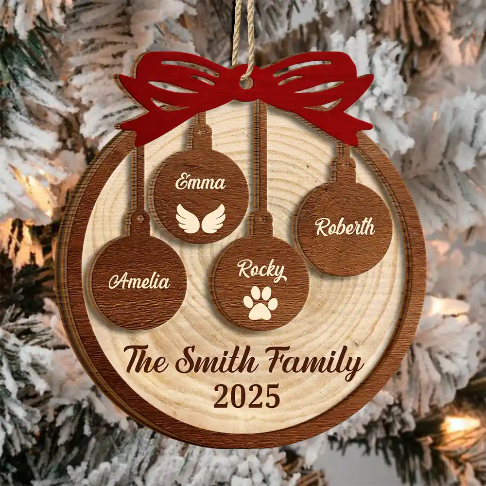 Family,Gift For Sibling,Gift For Sisters,Gift For Brothers,Love,Christmas,Pet Lovers - Happy Family Merry Christmas - Personalized 2-Layered Wooden Ornament