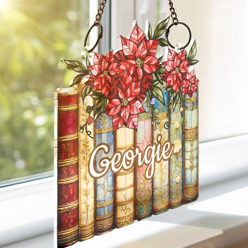 Gift For Women,Love - Birth Flower Reading Book Stack Stained Glass Effect - Personalized Window Hanging Suncatcher Ornament