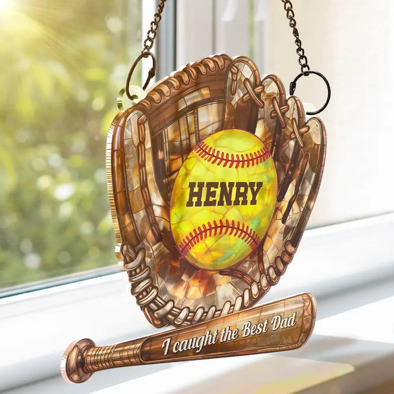 Baseball,Sport Mom,Gift For Mother,Happy - Baseball Icon We Caught The Best Mom - Personalized Window Hanging Suncatcher Ornament