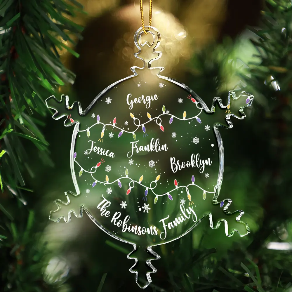 Family, Christmas, Funny - Christmas Family Together With Names And Led Lights - Personalized Snowflakes Shaped Glass Ornament