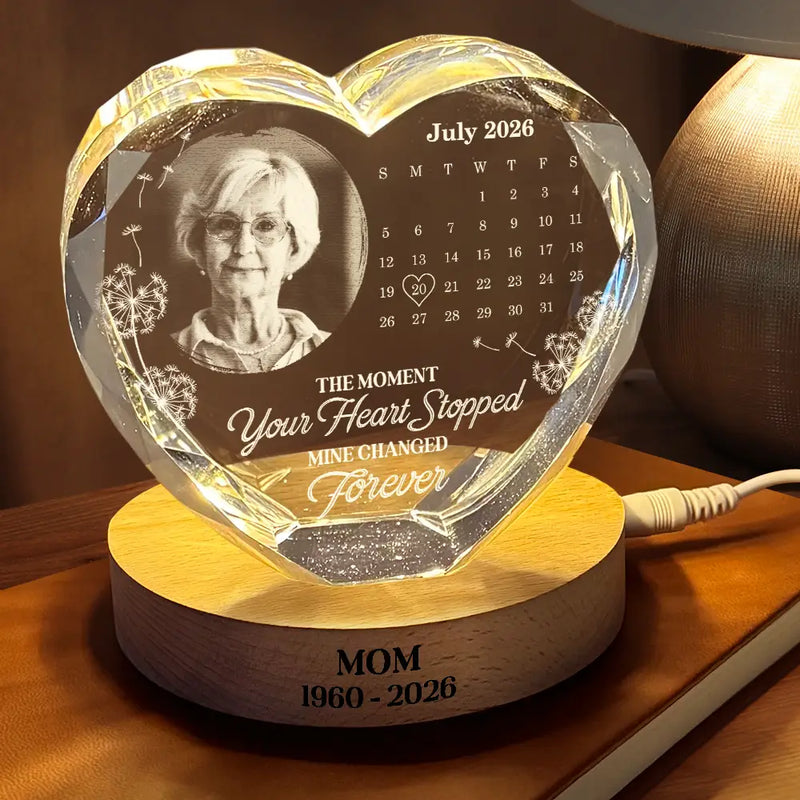 Top Market, Custom Photo, Sympathetic, Family, Memorial, Upload Full Photo, Calendar - Custom Photo Calendar The Moment Your Heart Stopped Memorial - Personalized Crystal Heart Shaped Lamp