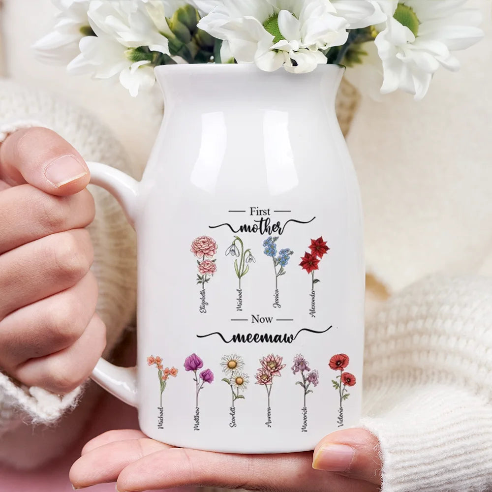 Gift For Grandma, Gift For Mother - First Mom Now Grandma Birth Flowers - Personalized Ceramic Flower Vase