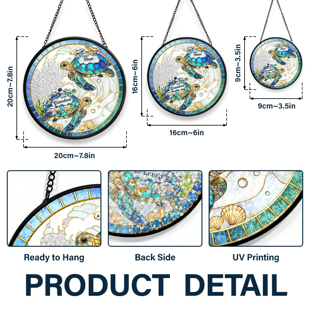 Summer,Gift For Grandma,Grandma - Grandkids,Beach,Happy - First Mom Now Grandma Stained Glass Turtle - Personalized Stained Glass Window Hanging Suncatcher