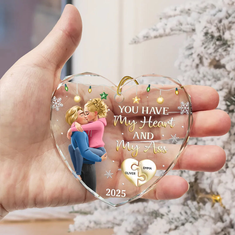Gift For Couples,Gift For Husband,Gift For Wife,Gift For Boyfriend,Gift For Girlfriend,Christmas,Funny - You Have My Heart Couple - Personalized Heart Shaped Glass Ornament