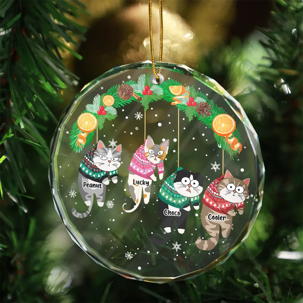 Christmas Funny Hanging Cats - Personalized Circle Glass Ornament