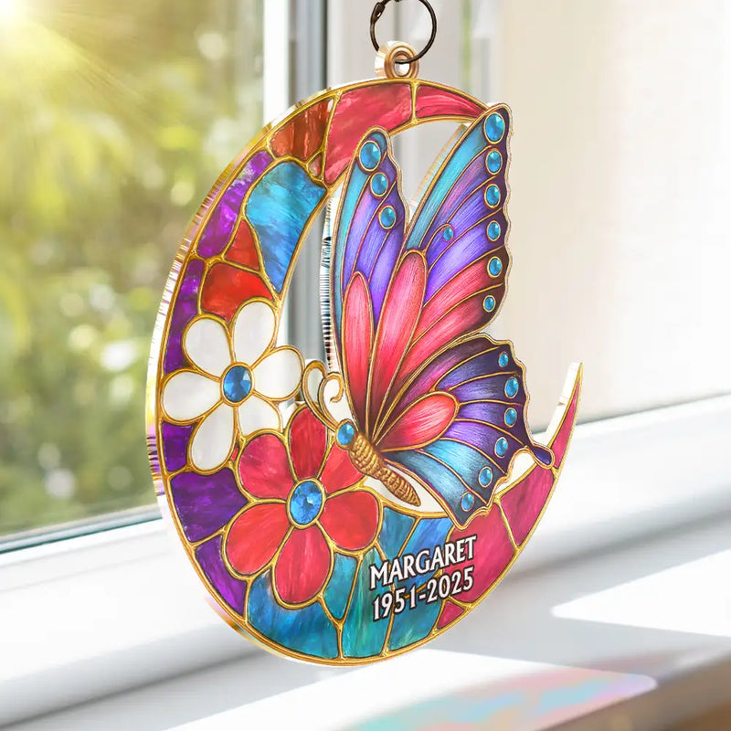 Family, Memorial, Sad - Memorial Cardinal Bird Garden Pollinator Stained Glass Effect Moon - Personalized Window Hanging Suncatcher Ornament