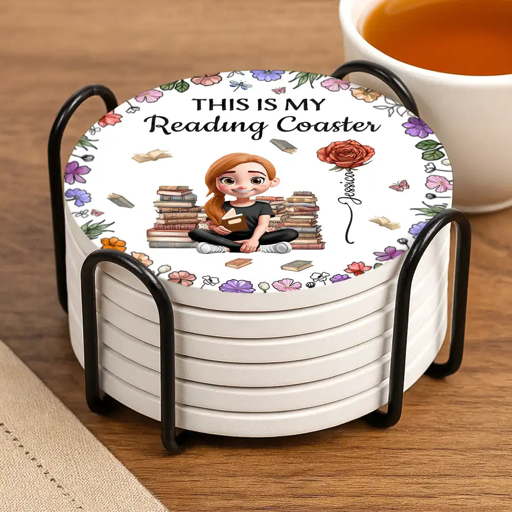 Reading,Gift For Women,Gift For Yourself,Gift For Daughter,Happy - Just A Girl Who Loves Books Birth Flower - Personalized Ceramic Coaster