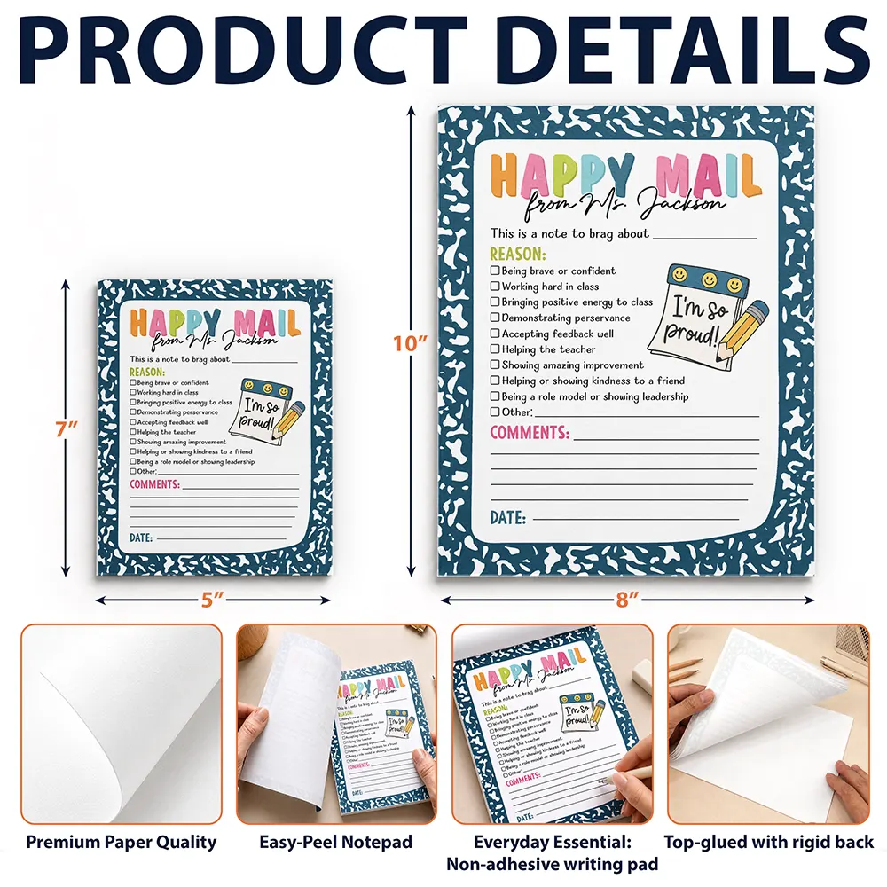 Top Market,Sentimental,Teacher,Back To School,Custom Text - Teacher Happy Mail Classroom - Personalized Notepad
