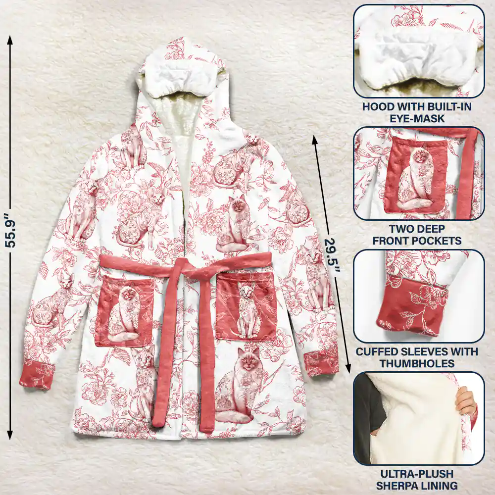 Cat Mom,Cat Lovers,Happy - Cat Mom Toile De Jouy Cats - Personalized Hooded Robe