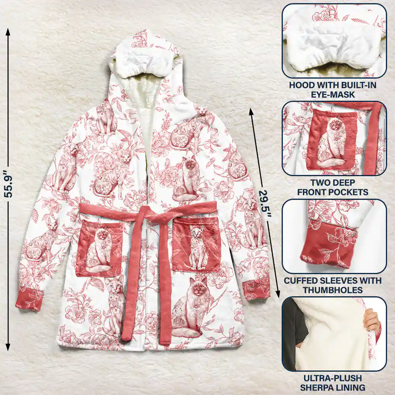 Cat Mom,Cat Lovers,Happy - Cat Mom Toile De Jouy Cats - Personalized Hooded Robe