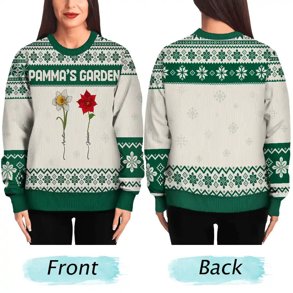 Gift For Grandma,Gift For Aunt,Gift For Mother,Happy,Gift For Wife,Gift For Yourself,Gift For Women - Knitted Effect Birth Flower Grandma's Garden - Personalized Unisex Ugly Sweater