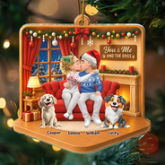 Christmas, Dog Couple, Dog Lovers, Gift For Couples, Pet Lovers, Romantic, Vector - Christmas Gift For Couples With Dogs - Personalized Diorama Style Acrylic Ornament