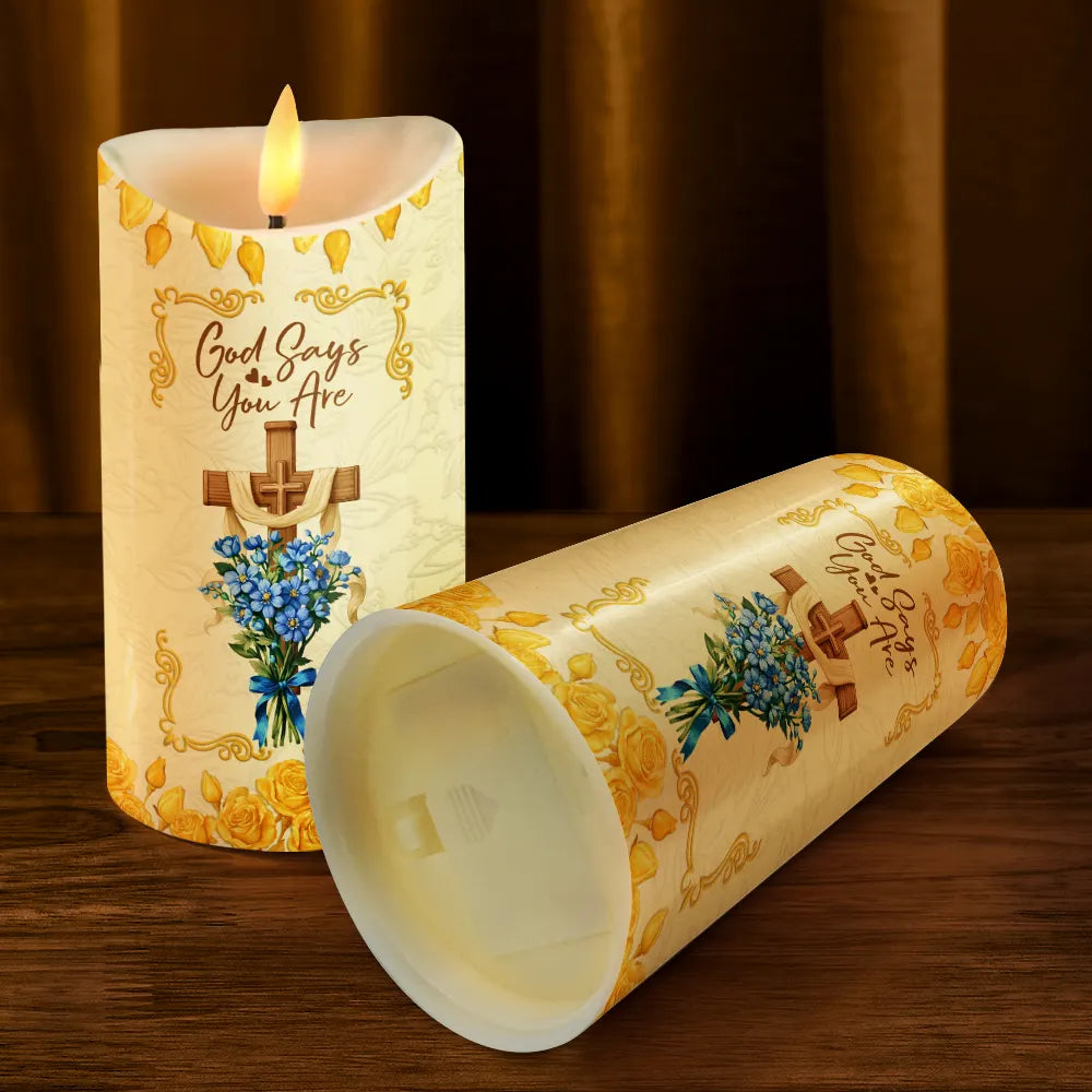 Christmas,Christian,Gift For Yourself - God Says I Am 3D Effect Flower Border - Personalized Flameless LED Candle