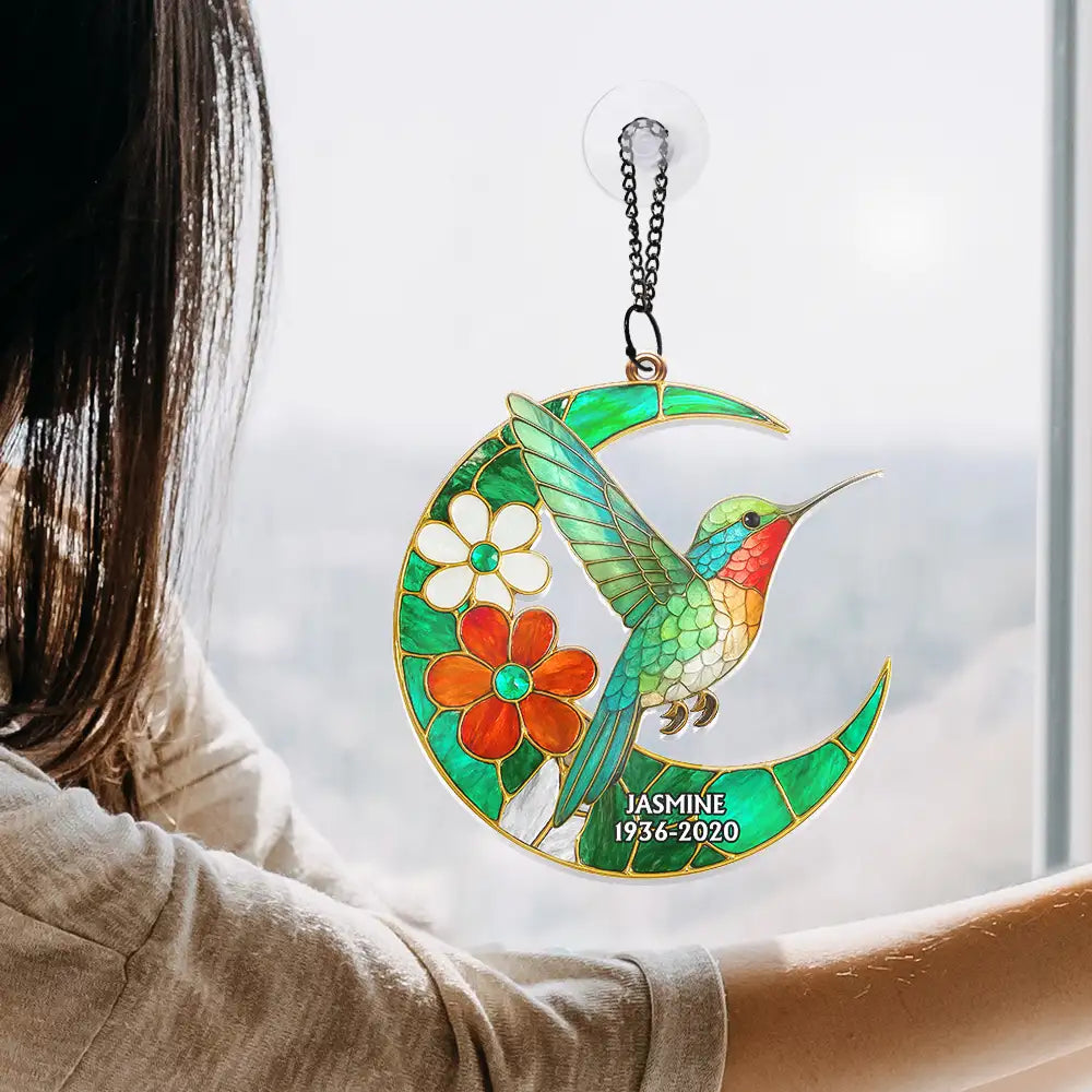 Family, Memorial, Sad - Memorial Cardinal Bird Garden Pollinator Stained Glass Effect Moon - Personalized Window Hanging Suncatcher Ornament
