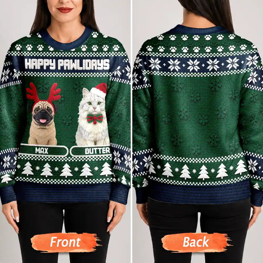 Art Design, Christmas, Custom Photo, Pet Lovers, Photo - Crochet Pet, Playful - Christmas Gift For Pet Lovers - Personalized Custom Photo Crochet Pet Feliz Navidog Unisex Ugly Sweater