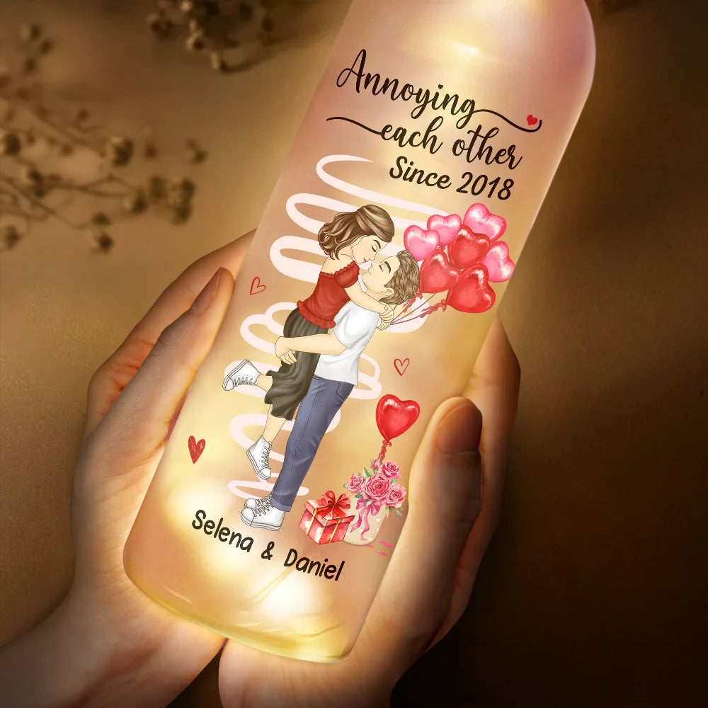 Gift For Couples, Gift For Husband, Gift For Wife - Chibi Side View Carrying Couple Together Since - Personalized Bottle Light
