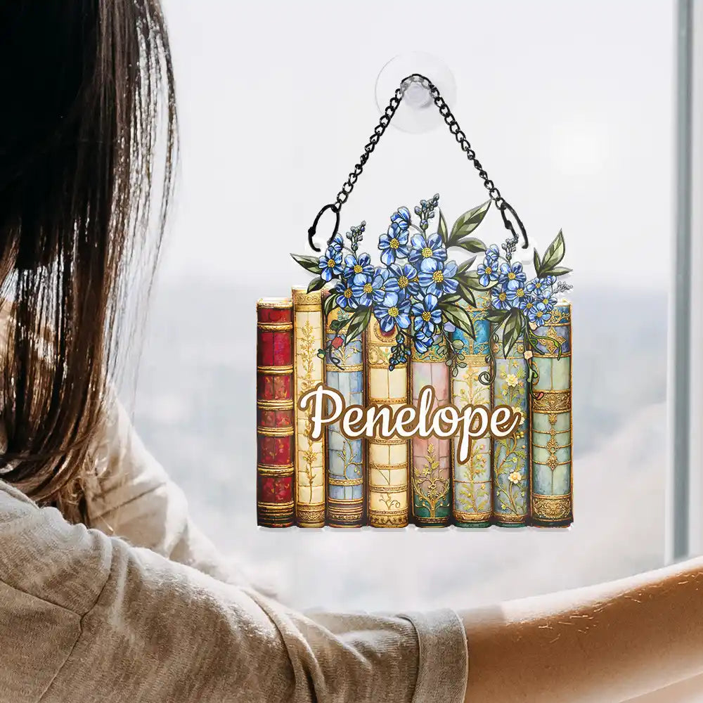 Gift For Women,Love - Birth Flower Reading Book Stack Stained Glass Effect - Personalized Window Hanging Suncatcher Ornament