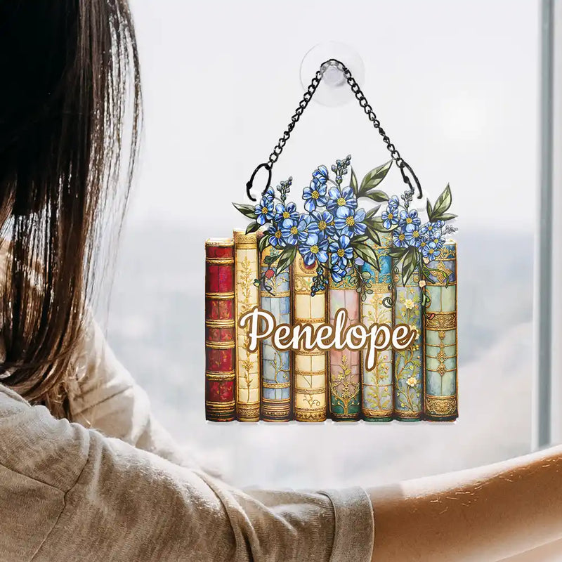 Gift For Women,Love - Birth Flower Reading Book Stack Stained Glass Effect - Personalized Window Hanging Suncatcher Ornament