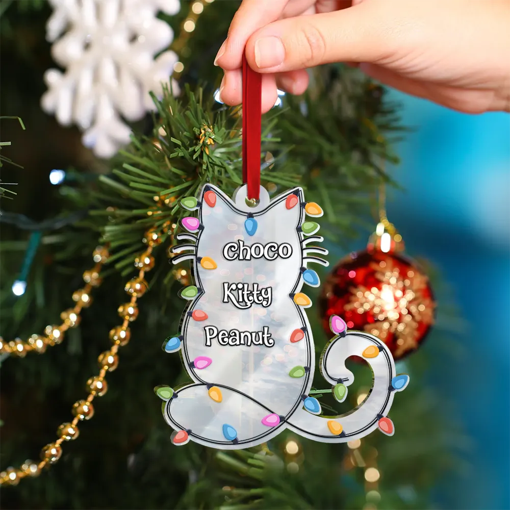 Cat Lovers, Cat Mom, Cat Dad, Happy, Christmas - Cat Shape Christmas Light Custom Name - Personalized Custom Shaped Mirror Ornament