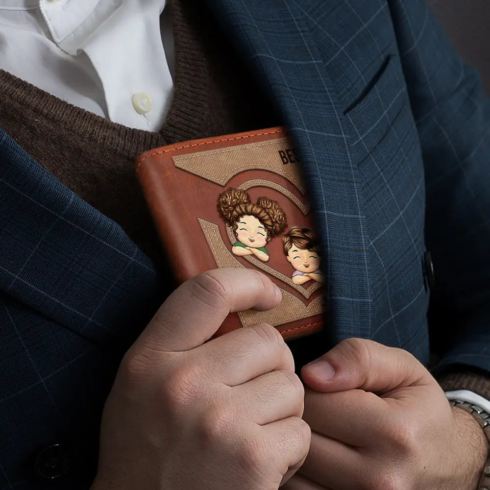 We Love You, Best Grandpa Ever Chibi Heart Faux-Stitched Effect - Personalized Leather Wallet