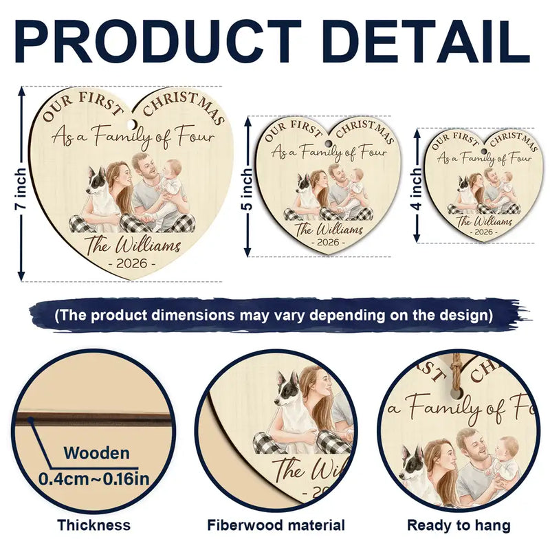 First Christmas,Parents,Art Design,Christmas,Photo - Watercolor - Remove BG,Happy - Custom Photo Realistic Watercolor Art First Christmas As A Family Of Four - Personalized Custom Shaped Wooden Ornament