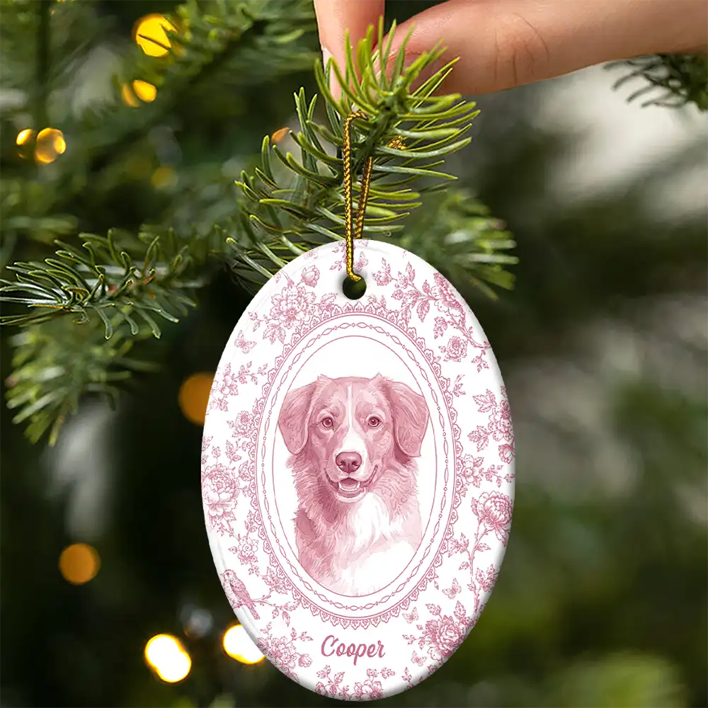 Art Design,Christmas,Cozy,Pet Lovers,Photo - Porcelain Art Style- Custom Photo Single-Color Watercolor Loving Dog Cat Pet Family Portrait - Personalized Oval Ceramic Ornament
