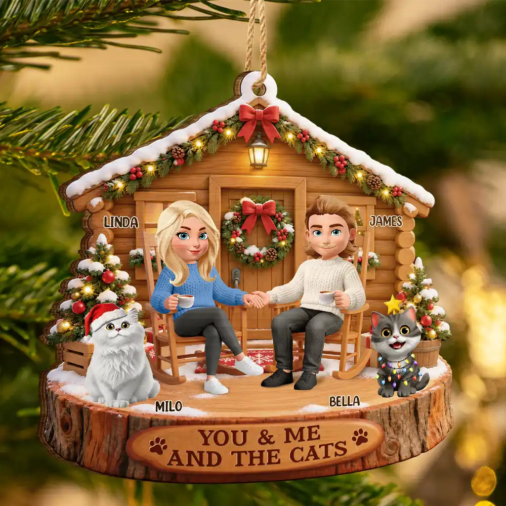 Christmas, Gift For Couples, Pet Couple, Pet Lovers, Romantic, Vector - Christmas Gift For Pet Couples - Personalized You & Me And The Cat Wooden Ornament