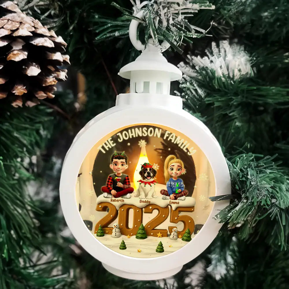 Family,Gift For Grandparents,Parents,Gift For Kids,Happy,Christmas,Non-Eng - 3D Effect Christmas Family And Dog Cat - Personalized Candlelight Lantern Ornament