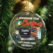 Christmas, Custom Text, Happy, Top Market - Christmas Keepsake Gift For College Student - Personalized Freshman Sophomore Year Circle Glass Ornament