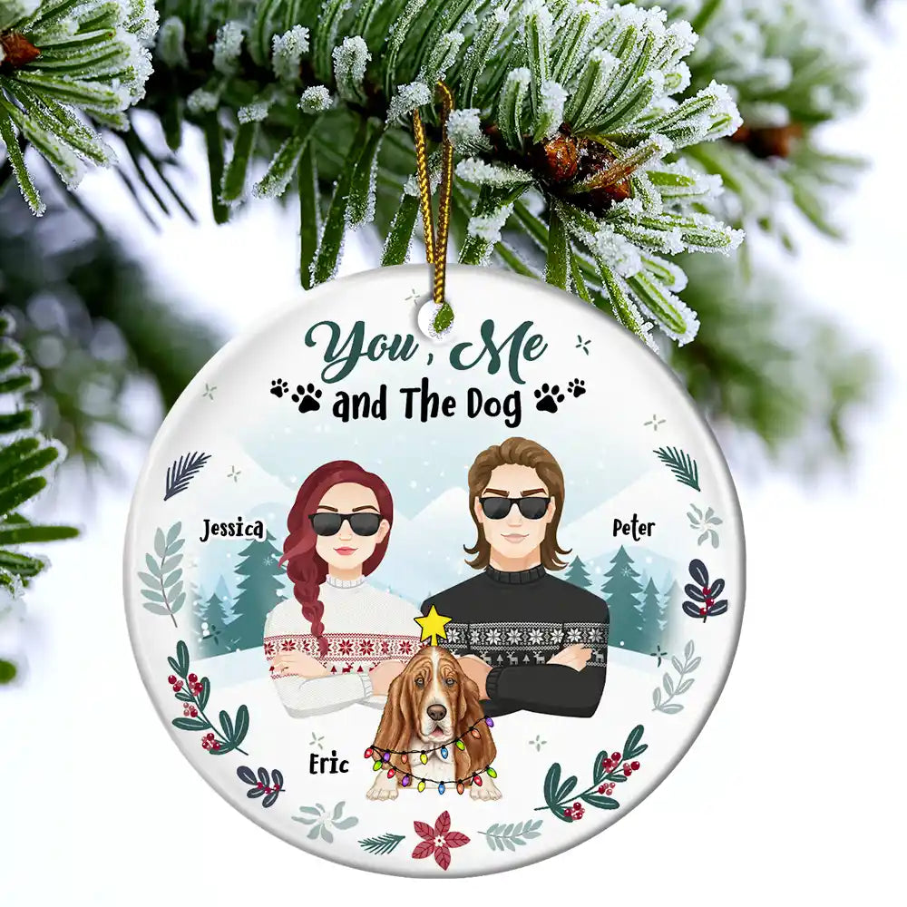 Gift For Couples,Gift For Husband,Gift For Wife,Gift For Boyfriend,Gift For Girlfriend,Dog Lovers,Pet Lovers,Dog Mom,Dog Couple,Pet Mom,Pet Couple,Pet Dad,Dog Dad - Winter You, Me And The Dog - Personalized Circle Ceramic Ornament