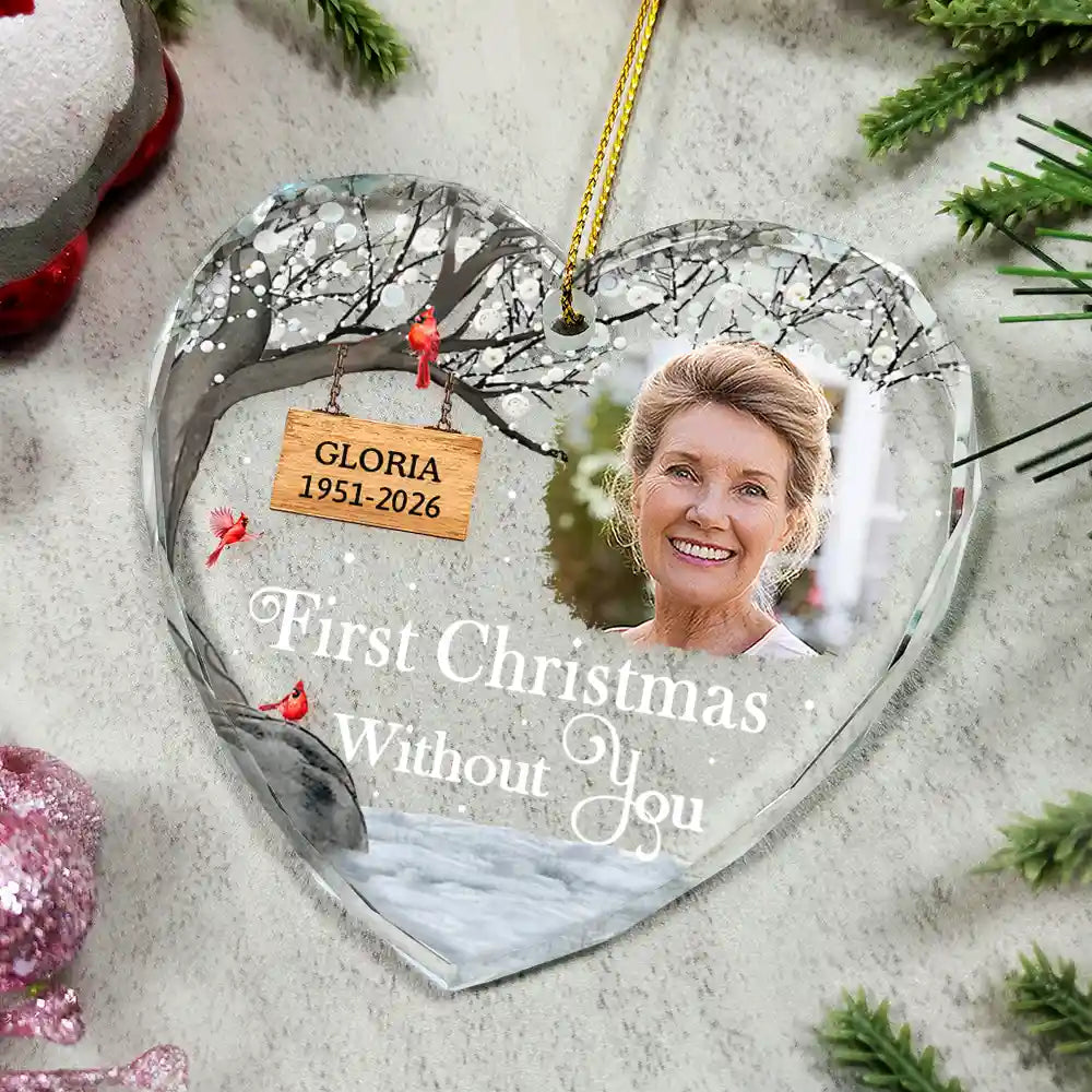 Custom Photo Memorial First Christmas Without You - Personalized Heart Shaped Glass Ornament