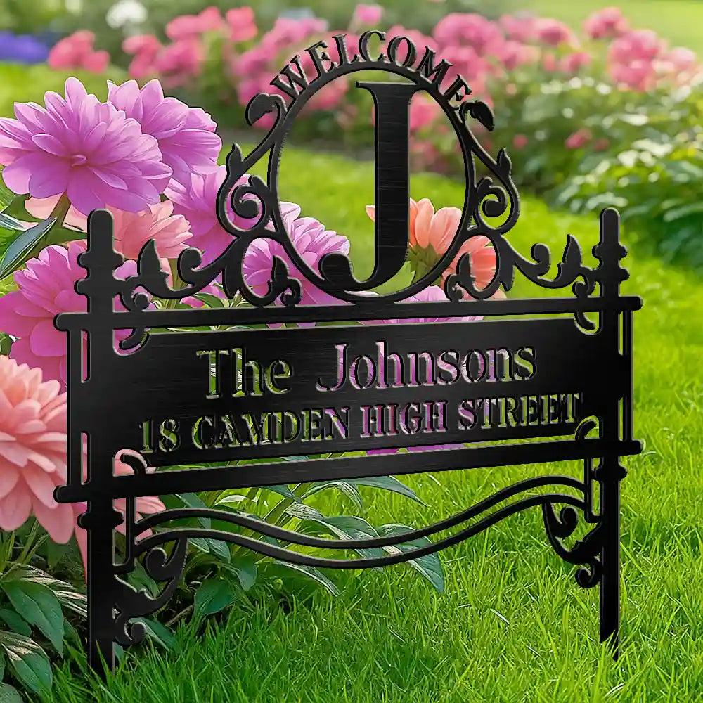 Family,Gardening,Happy,Non-Eng,Icon,Proud - Welcome Family Name Monogram - Personalised Metal Garden Stake