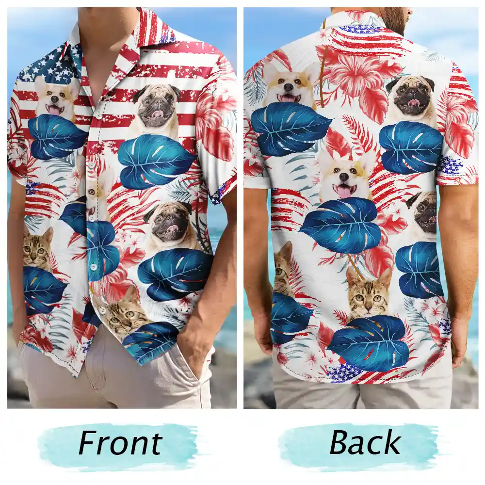 Custom Photo Funny Family Pet Face Stars And Stripes - Gift For Men, Dog And Cat Lovers - Personalized Custom Hawaiian Shirt