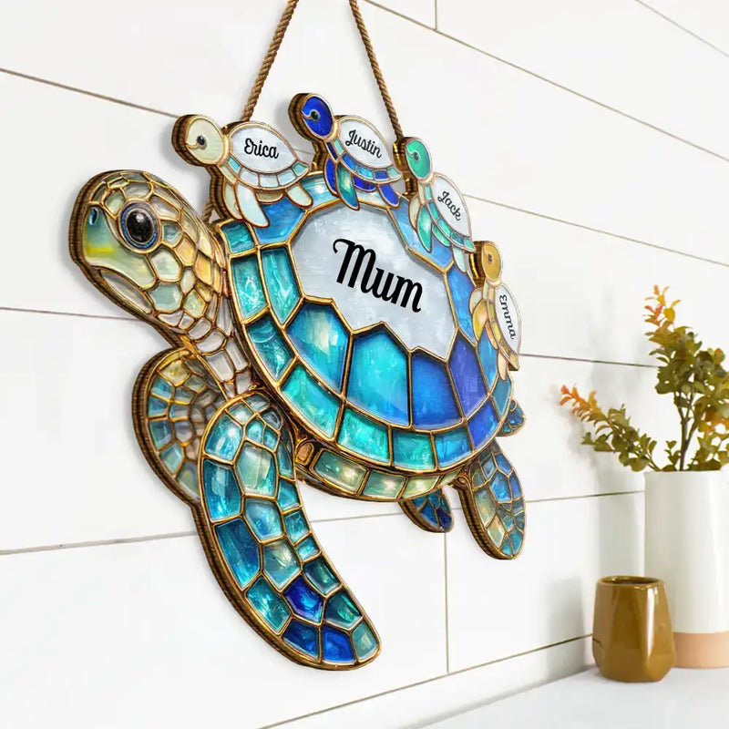 Gift For Grandma,Grandma - Grandkids,Gift For Mother,Beach,Happy - Turtle Stained Glass Mum Nanny - Personalised Custom Shaped Wood Sign