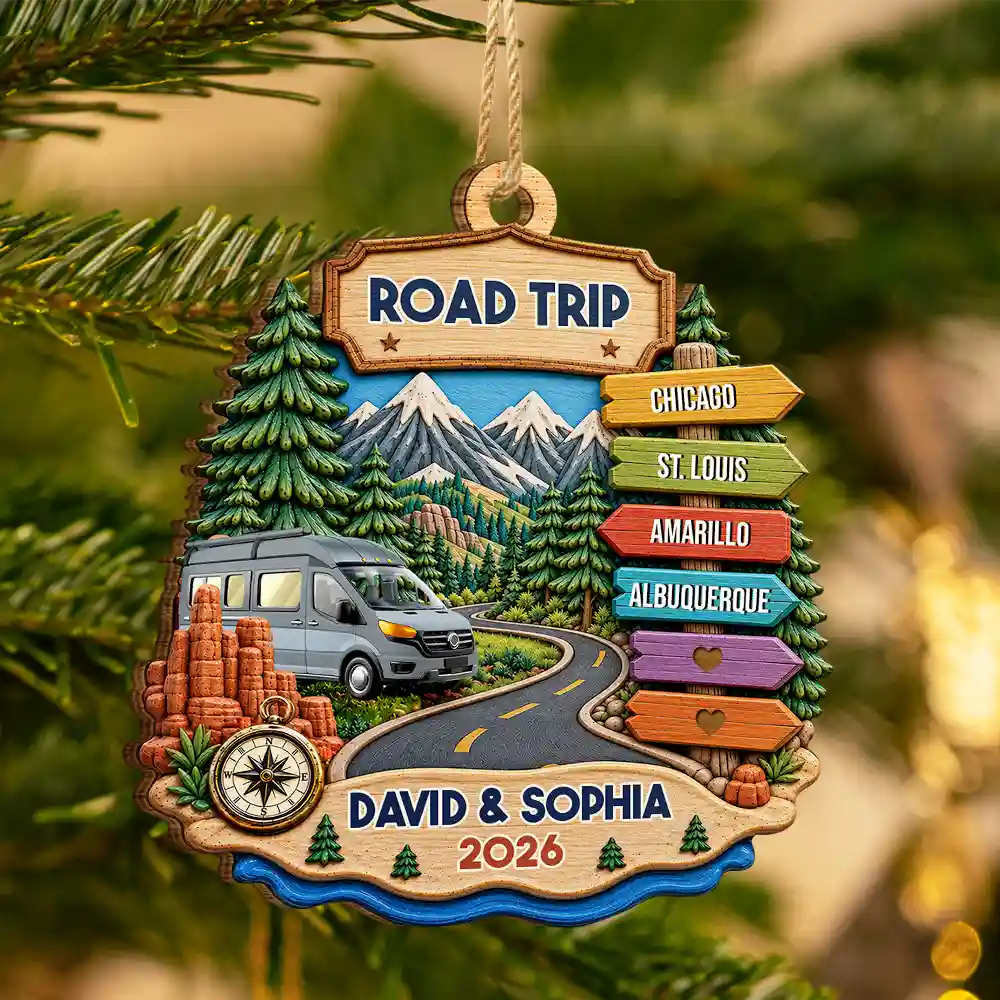Christmas, Gift For Couples, Icon, Old Couples, Romantic, Travel - Road Trip Travel Gift For Couples, Family, Friends - Personalized Vacation Wooden Ornament