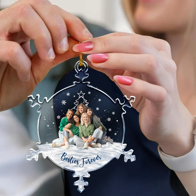 Family, Christmas, Funny - Custom Photo Christmas Family Sister BFF Together - Personalized Snowflakes Shaped Glass Ornament