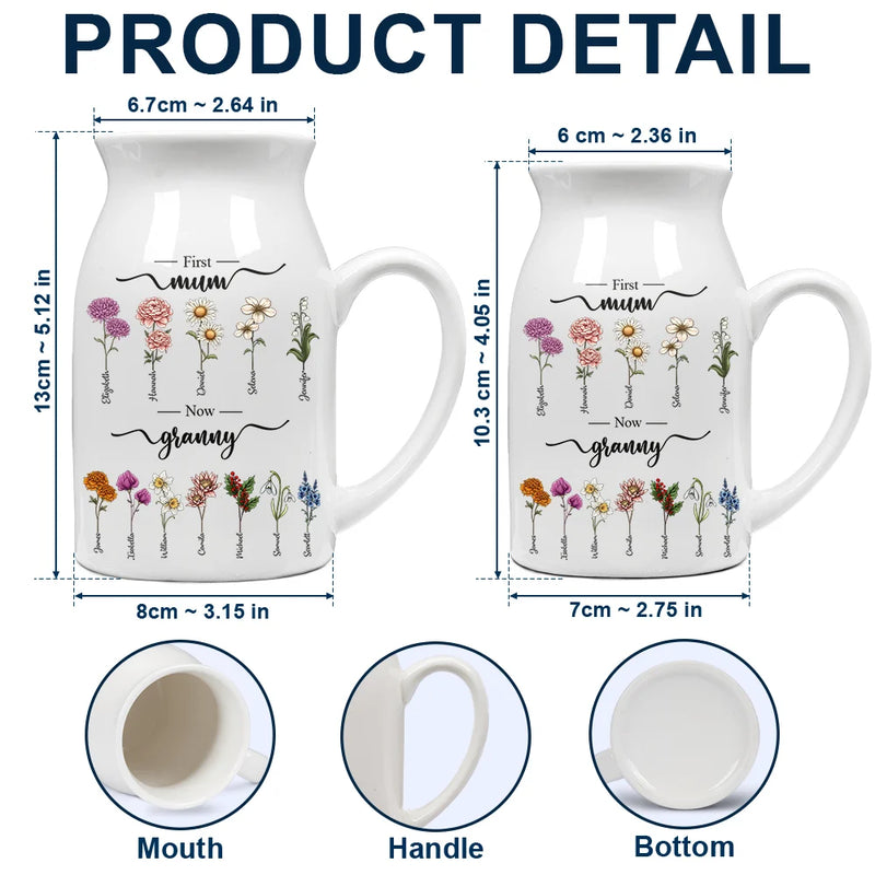Gift For Grandma, Gift For Mother - First Mom Now Grandma Birth Flowers - Personalized Ceramic Flower Vase