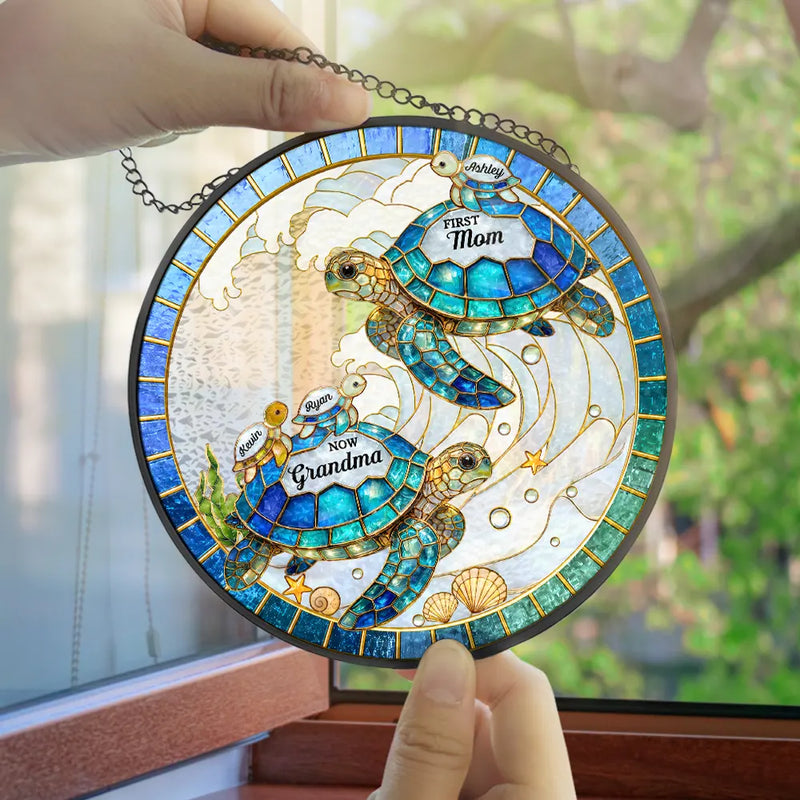 Summer,Gift For Grandma,Grandma - Grandkids,Beach,Happy - First Mom Now Grandma Stained Glass Turtle - Personalized Stained Glass Window Hanging Suncatcher