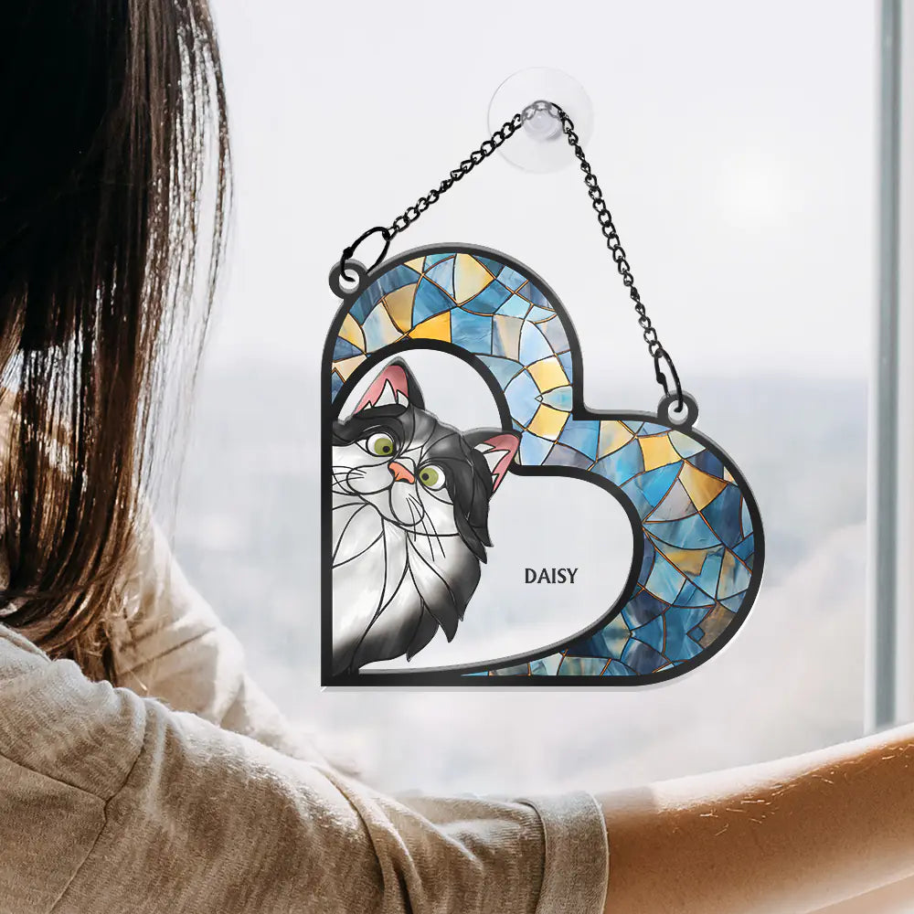 Cat Lovers,Cat Mom,Happy - Funny Cat Heart Shape Stained Glass Effect - Personalized Window Hanging Suncatcher Ornament