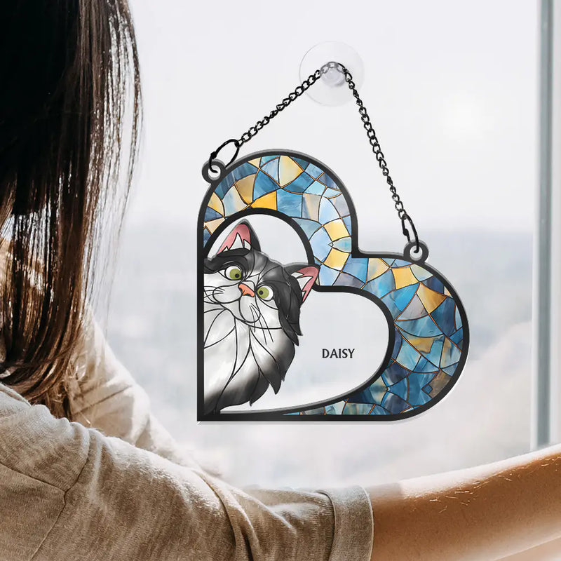 Cat Lovers,Cat Mom,Happy - Funny Cat Heart Shape Stained Glass Effect - Personalized Window Hanging Suncatcher Ornament